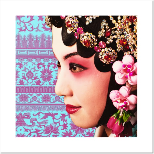 Chinese Opera Star Blue with Blush Pink Traditional Floral Pattern- Hong Kong Retro Wall Art by CRAFTY BITCH